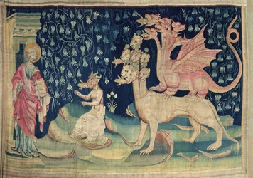Lohikäärmeet oksentavat sammakoita, nro 62 Angersin maailmanlopusta, 1373-87 (kuvakudos).
